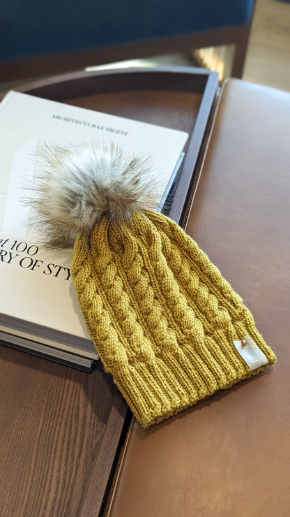 Mustard | Merino Wool Knit Hat | Removable Pom Pom