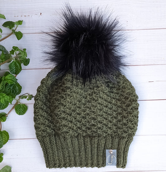 Dark Olive | Merino Wool Knit Hat | Removable Pom Pom