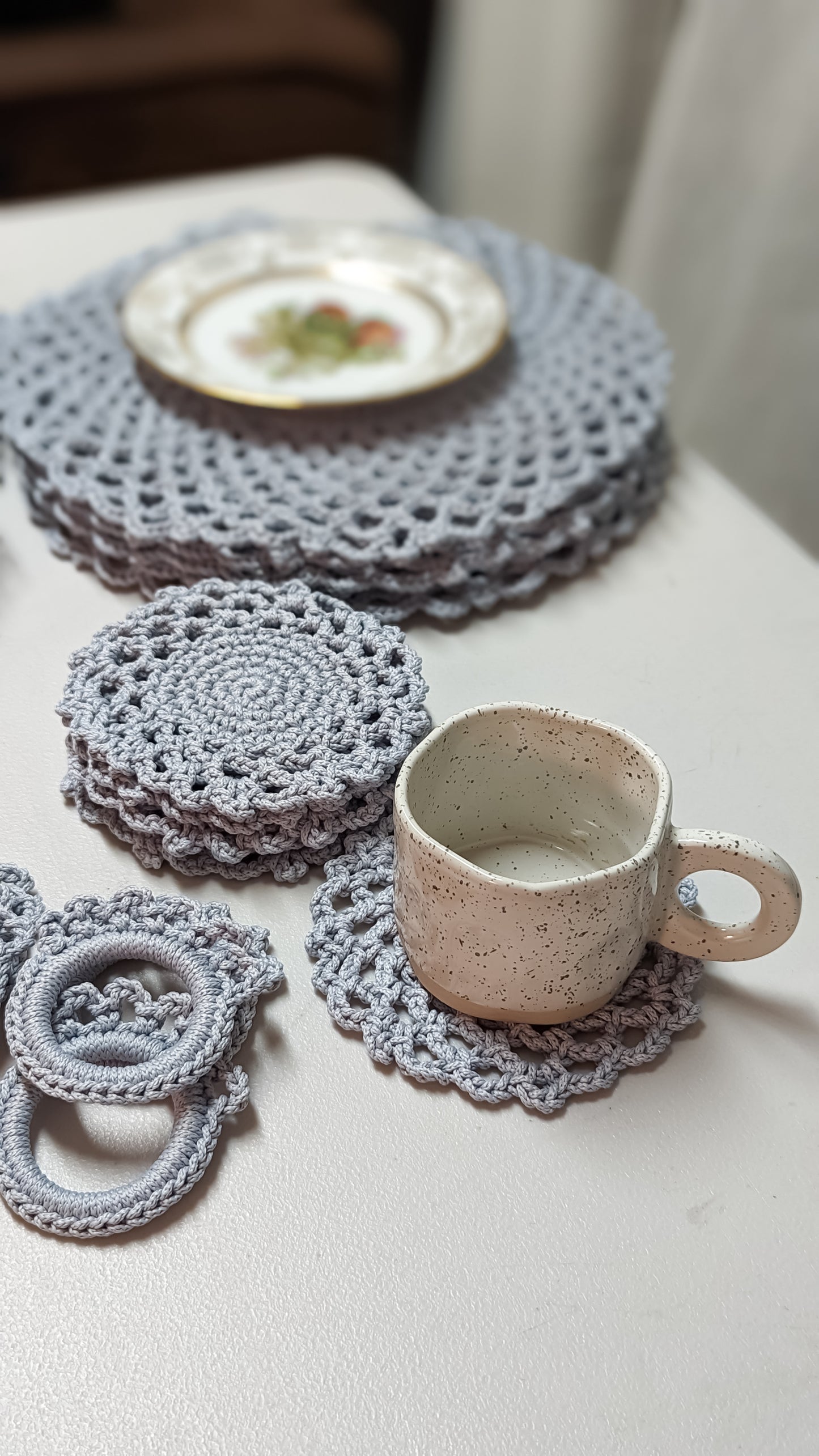 Set of Hand Crochet Placemats, Table Runner, Cup Coasters and Napkin Holders *Set of 6