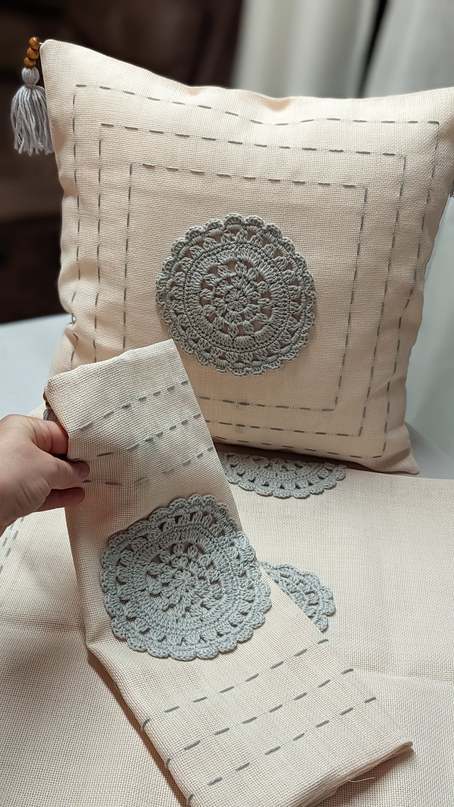 Crochet Motifs on Linen| Gift Option